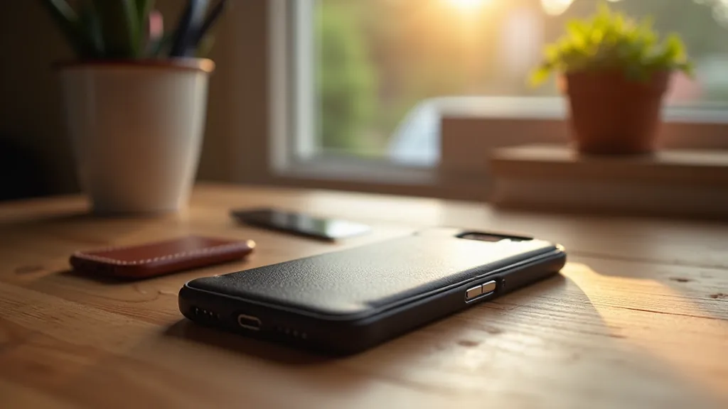 Protective phone cases displayed on wooden desk with morning light, showing leather and aluminum options, sharp focus studio photography